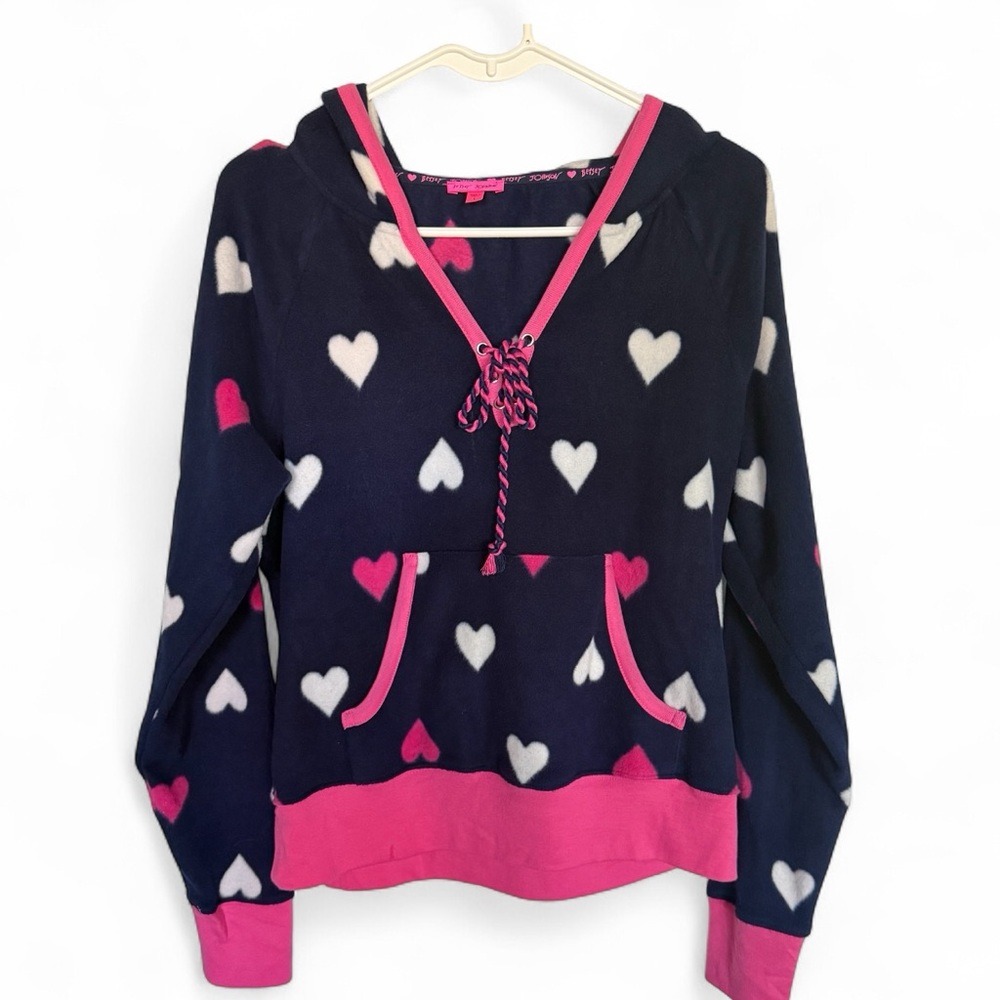Betsey Johnson Blue Pink White Heart Fleece Hoodie-Size Large